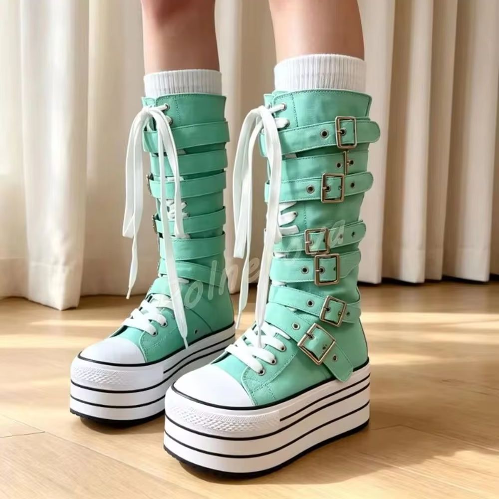 Knee High Boots Women - Mint Green Canvas Knee High Boots
