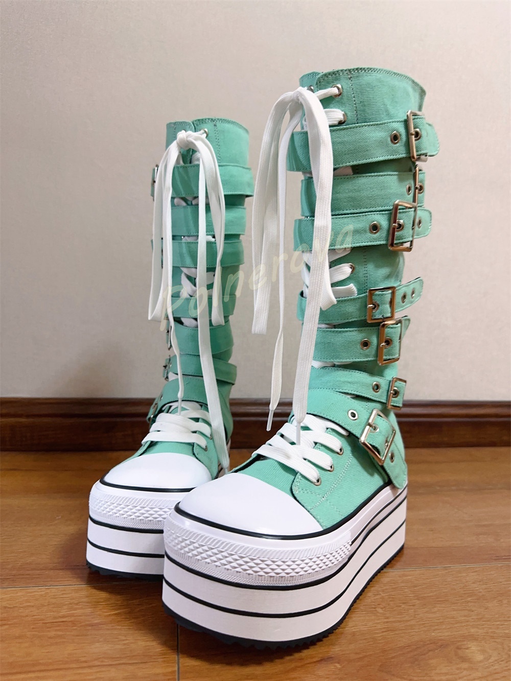Mint Green Canvas Knee High Bo - Knee High Boots Women ulasan dan harga