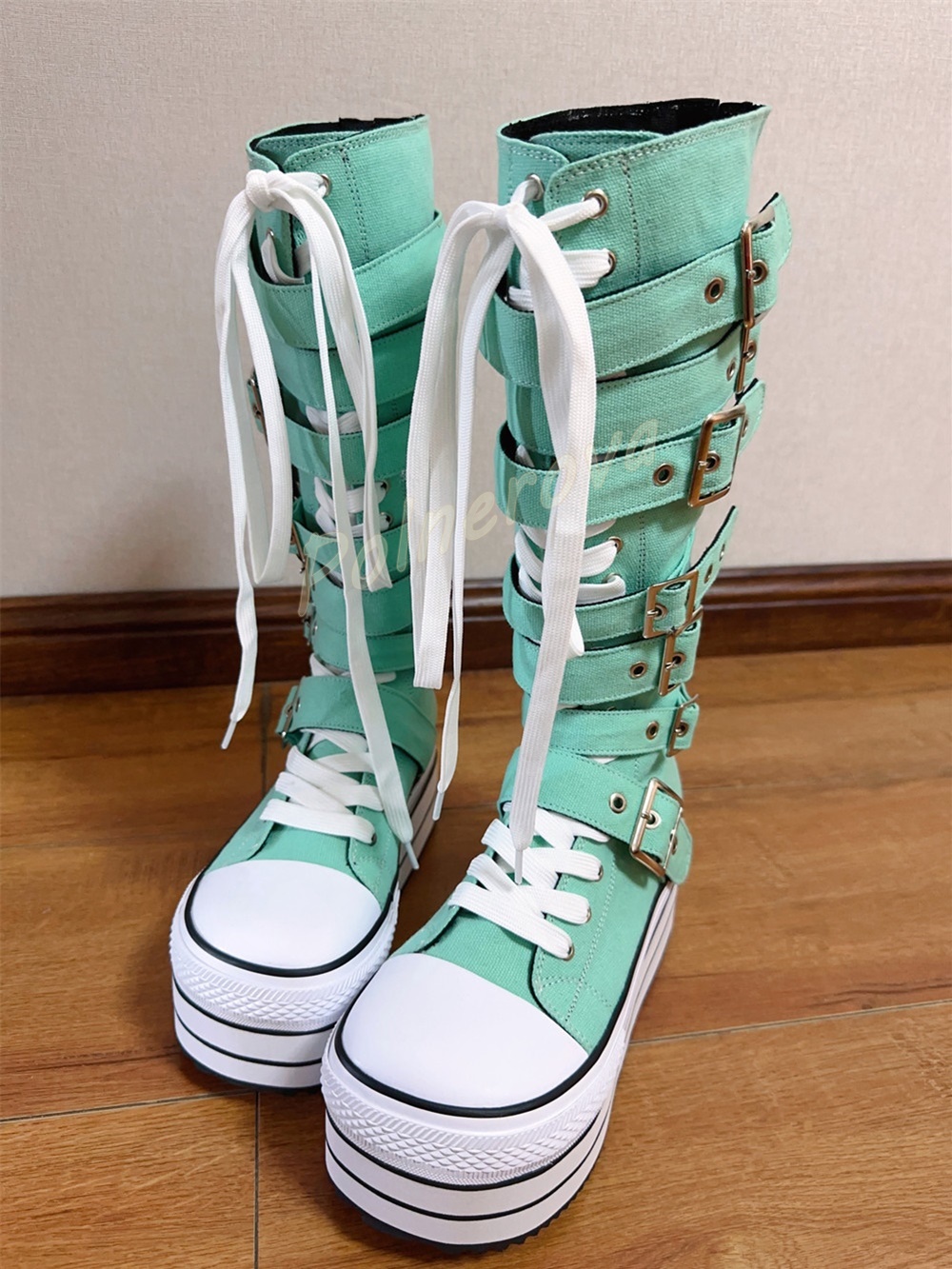 Mint Green Canvas Knee High Bo - Knee High Boots Women ulasan dan harga