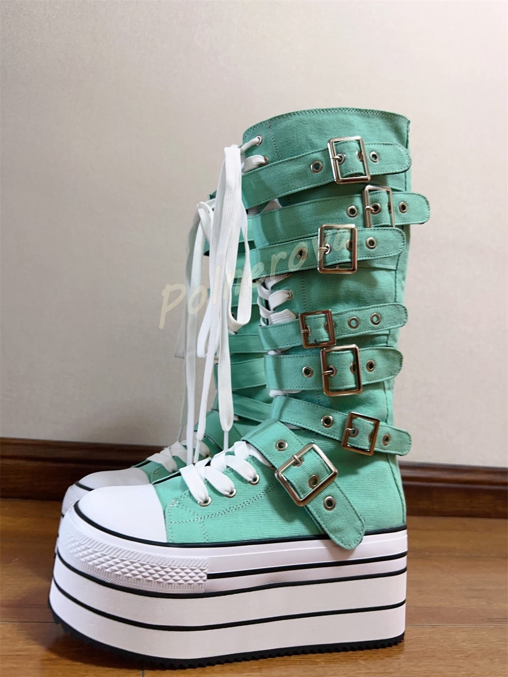 Mint Green Canvas Knee High Bo - Knee High Boots Women ulasan dan harga